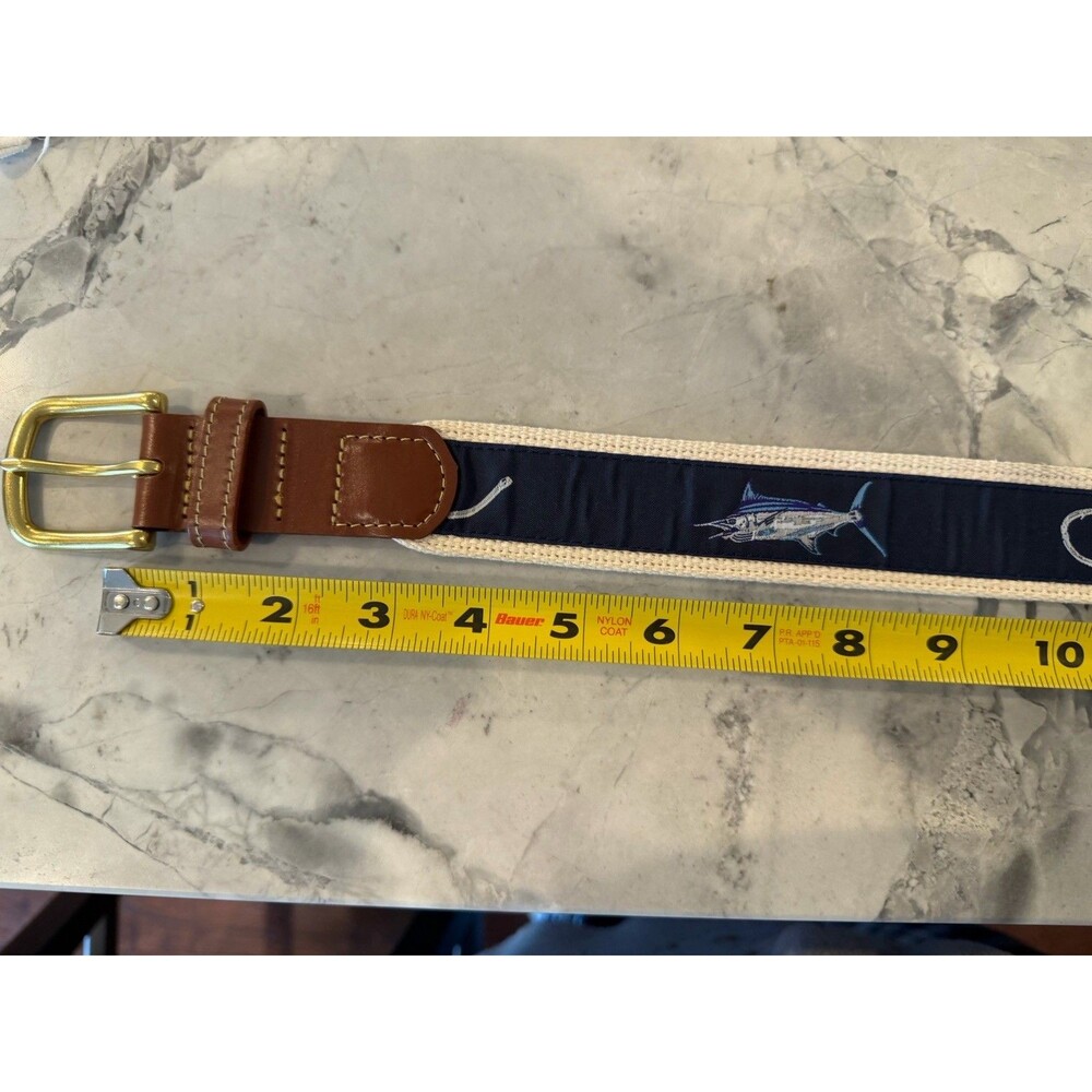 Leather Man Ltd Belt Mens 40 Marlin Fish Hook Navy Leather Brass USA NWOT